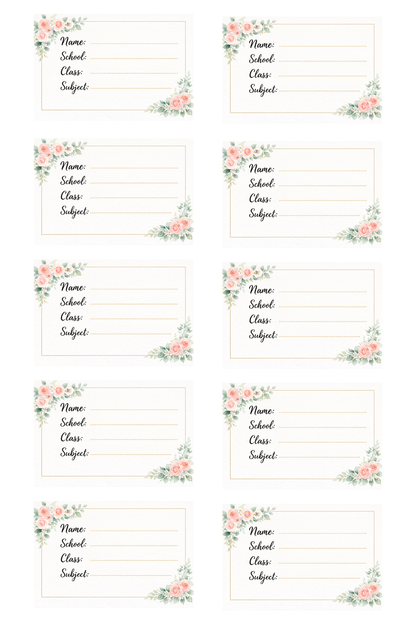 Smeeps Elegant Floral School Name Labels Sticker – 7.62 × 5.08 cm (3 × 2 Inch) Personalized Writable Notebook Labels for Students | Premium Rose Theme Sticker Pack of 10