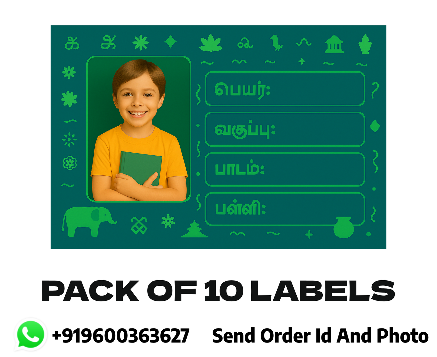 Smeeps Personalized Tamil School Book Label – Custom Photo Name Sticker for Kids | 3.5 x 2 Inch Notebook Labels | Pack of 10