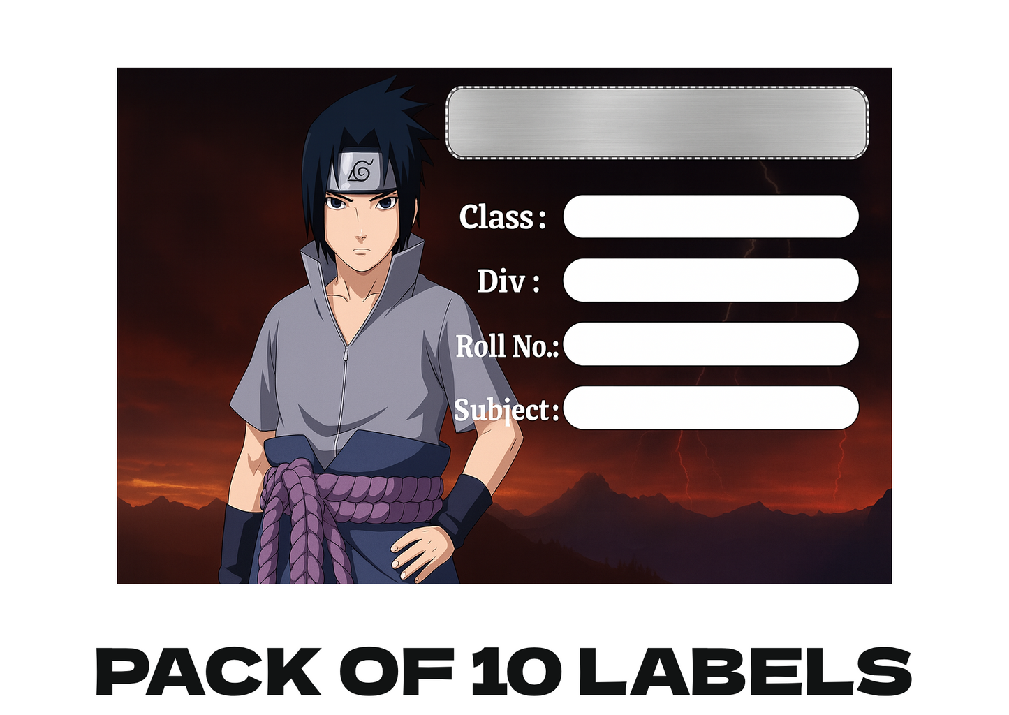 Smeeps Sasuke Anime School Label – 3.5 x 2 Inches Notebook Name Tag | Premium Gloss Finish | Durable & Waterproof | Pack of 10