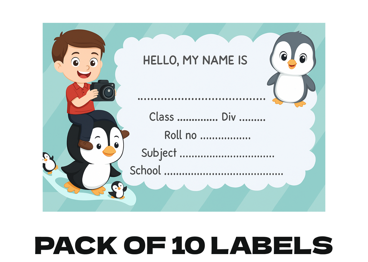 Smeeps Kids Name Label Sticker – 3.5 x 2 Inches | Pack of 10 | Cute Penguin & Boy Cartoon Design | Notebook, Textbook & School Supplies Name Tag Labels