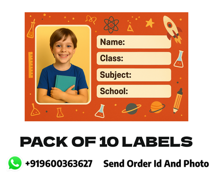 Smeeps Personalized School Book Label – Custom Photo Name Sticker for Kids | 3.5 x 2 Inch Orange Theme Labels | Pack of 10