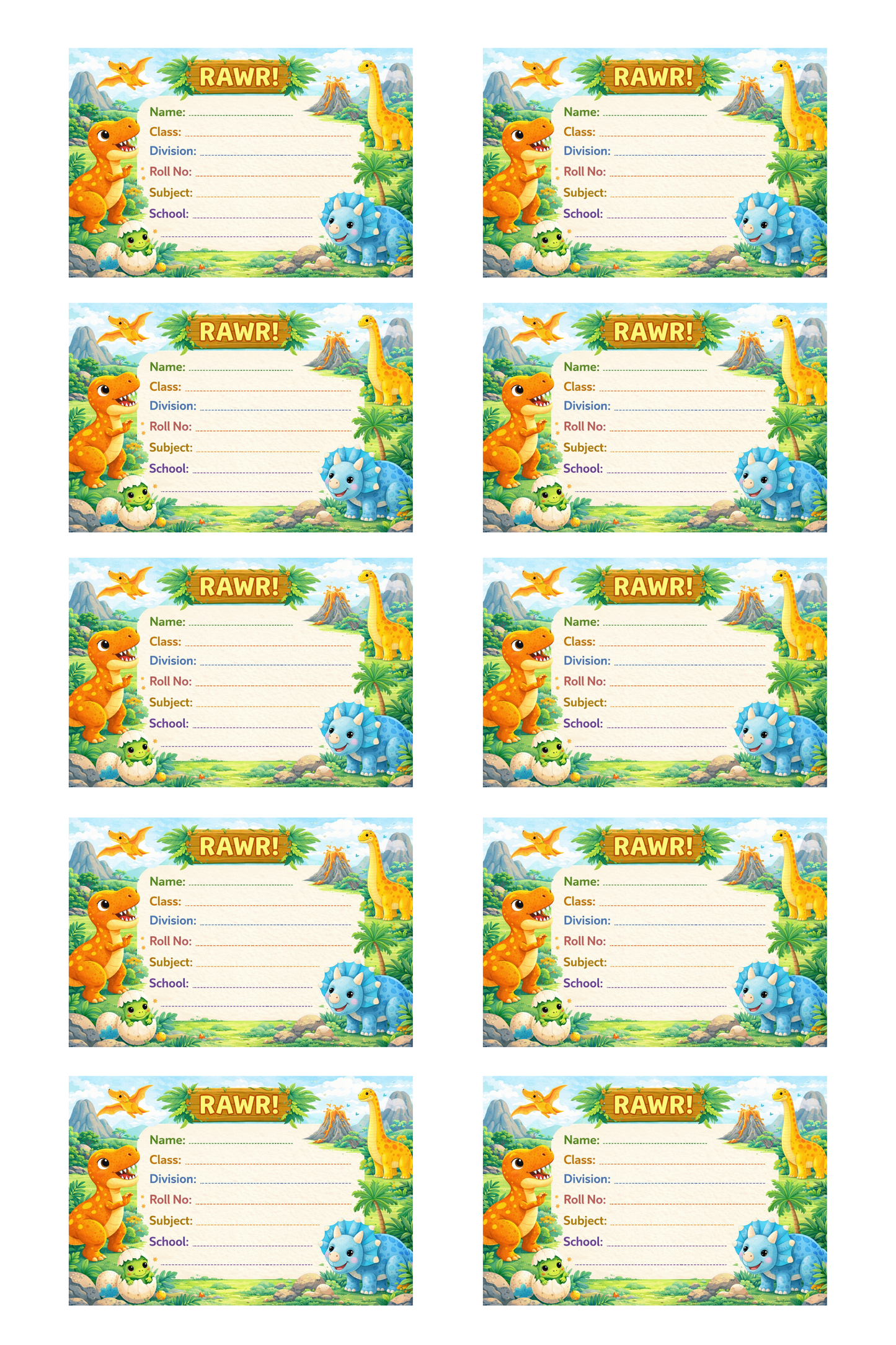 Smeeps Dinosaur Theme School Name Labels Sticker – 7.62 × 5.08 cm (3 × 2 Inch) Personalized Writable Notebook Labels for Kids | Cute Dino Jungle Theme Sticker Pack of 10