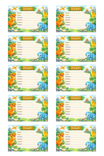 Smeeps Dinosaur Theme School Name Labels Sticker – 7.62 × 5.08 cm (3 × 2 Inch) Personalized Writable Notebook Labels for Kids | Cute Dino Jungle Theme Sticker Pack of 10