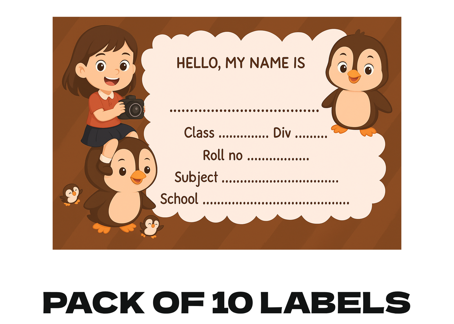 Smeeps Brown Penguin School Label – 3.5 x 2 Inch Name Sticker for Books & Notebooks | Cute Kids ID Label | Writable School Tag | Pack of 10