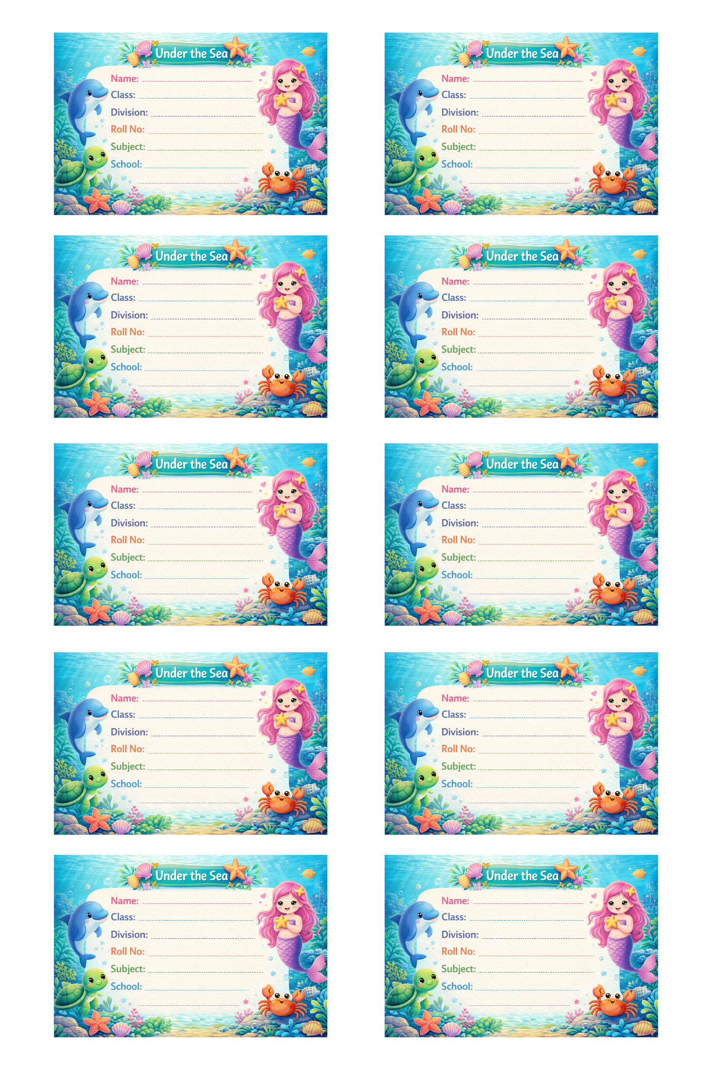 Smeeps Under The Sea Mermaid School Name Labels Sticker – 7.62 × 5.08 cm (3 × 2 Inch) Personalized Writable Notebook Labels for Kids | Cute Ocean Theme Sticker Pack of 10