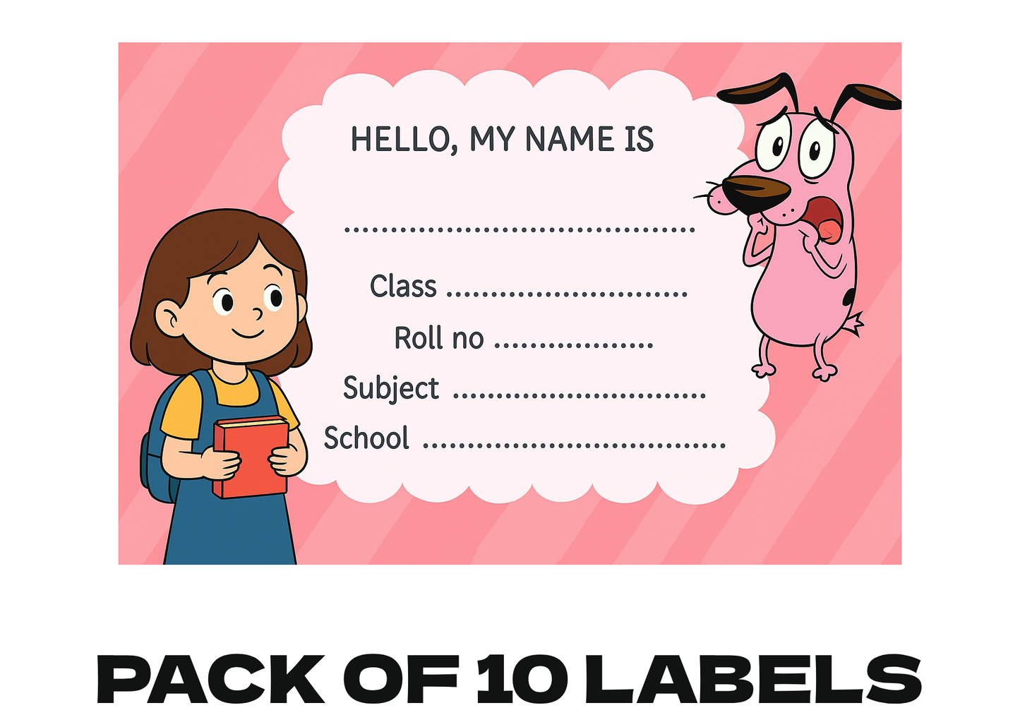 Smeeps Student Name Label – 3.5 x 2 Inches Notebook & School Book Sticker | Cute Girl & Cartoon Dog Design | Pack of 10 Writable Labels