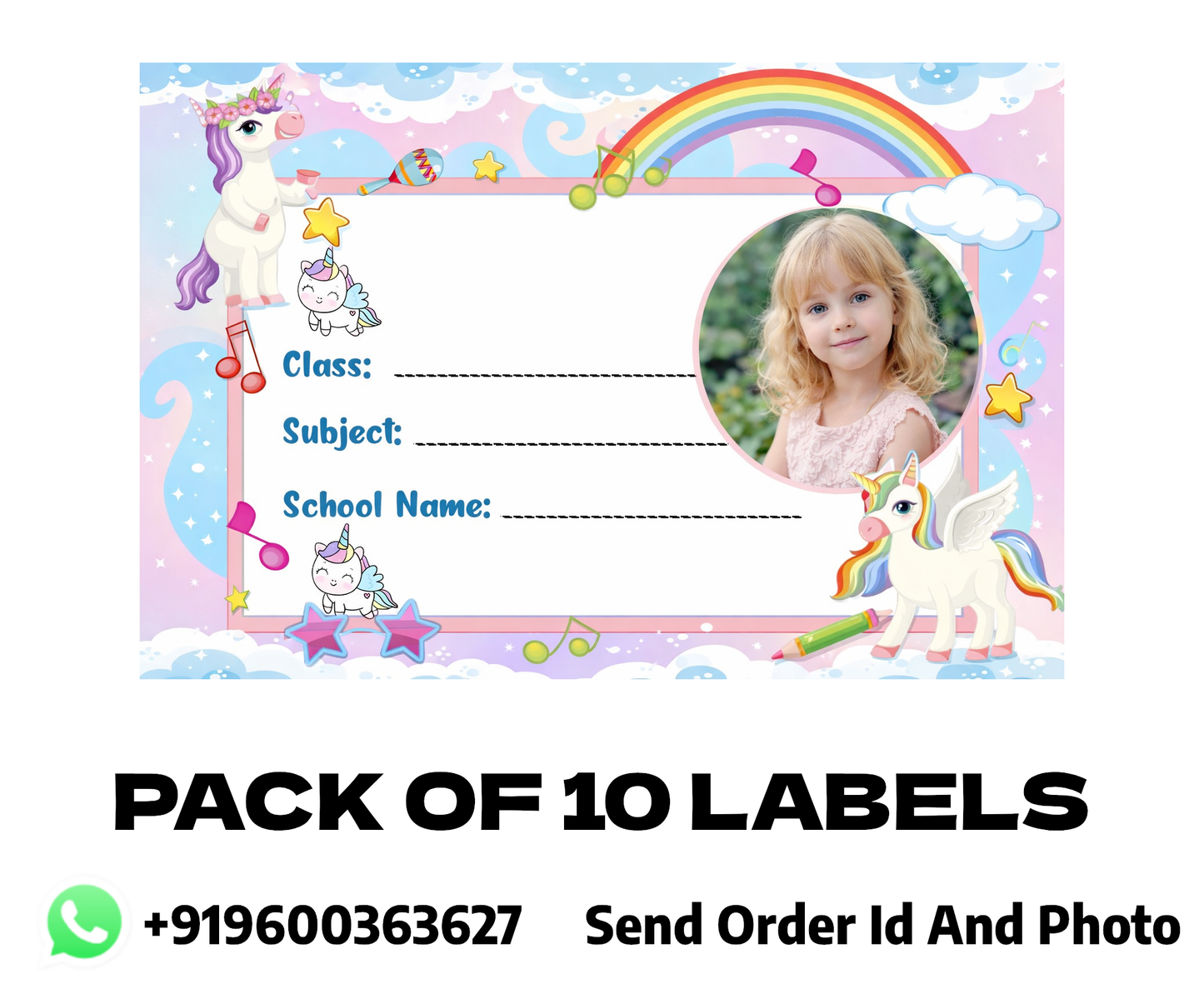 Smeeps Personalized Unicorn School Label Stickers – Pack of 10 | 3 x 2 Inch Custom Name Labels with Photo | Rainbow & Musical Unicorn Theme | Waterproof Premium Finish