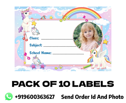 Smeeps Personalized Unicorn School Label Stickers – Pack of 10 | 3 x 2 Inch Custom Name Labels with Photo | Rainbow & Musical Unicorn Theme | Waterproof Premium Finish