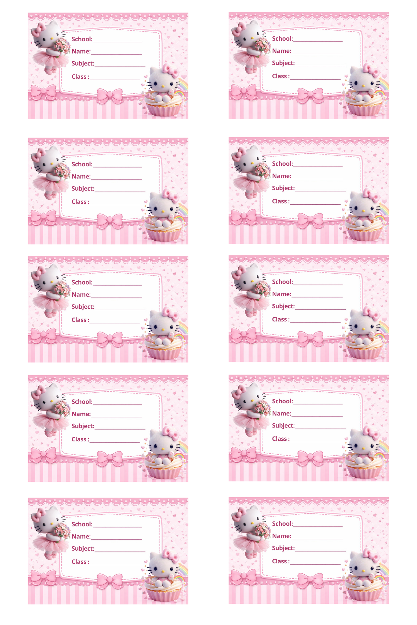 Smeeps Cute Kitty Pink Theme School Name Labels Sticker – 7.62 × 5.08 cm (3 × 2 Inch) Personalized Writable Notebook Labels for Kids | Kawaii Cartoon School Sticker Pack of 10