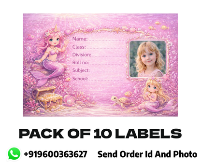 Smeeps Personalized Mermaid School Label Stickers – Pack of 10 | 3 x 2 Inch Custom Name Labels with Photo | Pink Underwater Ocean Theme | Waterproof Premium Stickers for Kids
