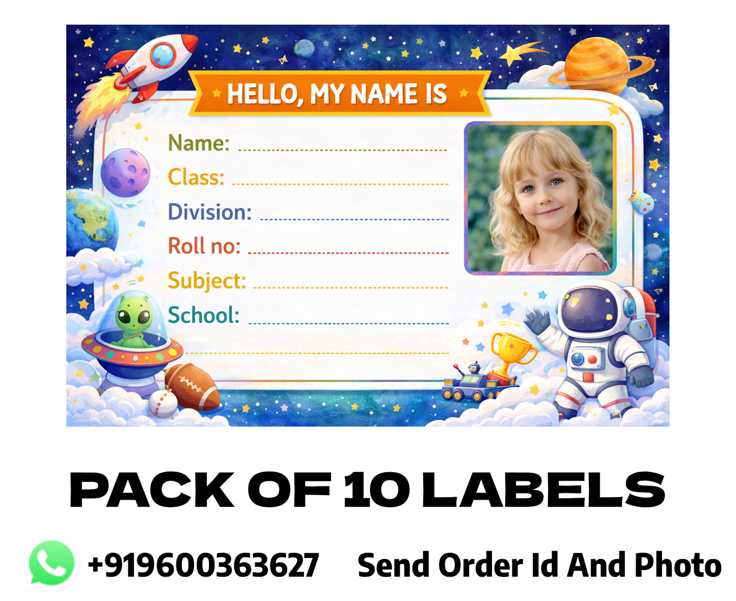Smeeps Personalized Space Sports School Label Stickers – Pack of 10 | 3 x 2 Inch Custom Name Labels with Photo | Rocket, Astronaut & Sports Theme | Waterproof Premium Finish