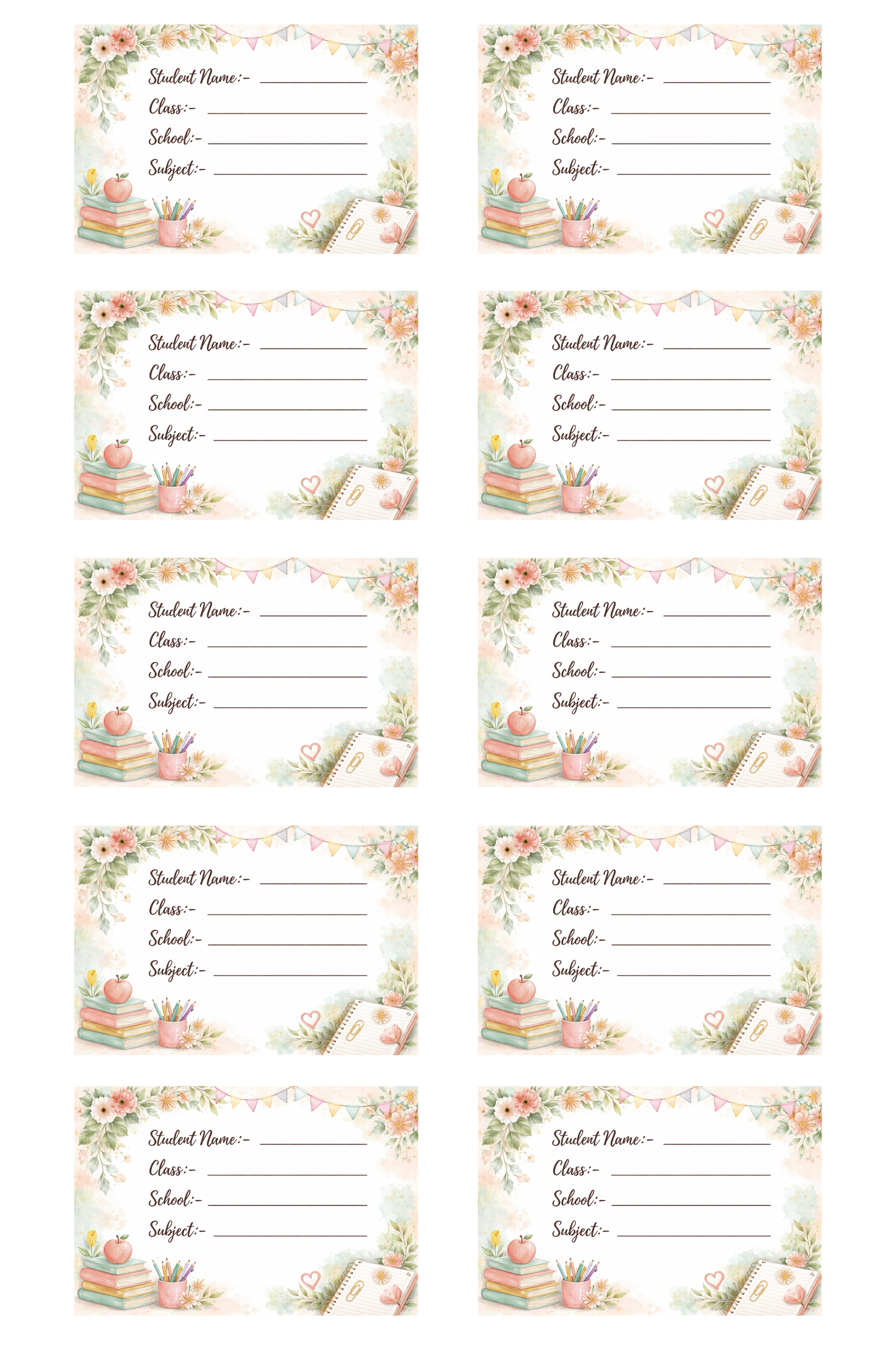 Smeeps Floral Pastel School Name Labels Sticker – 7.62 × 5.08 cm (3 × 2 Inch) Elegant Writable Notebook Labels for Kids & Students | Cute Stationery Theme Sticker Pack of 10