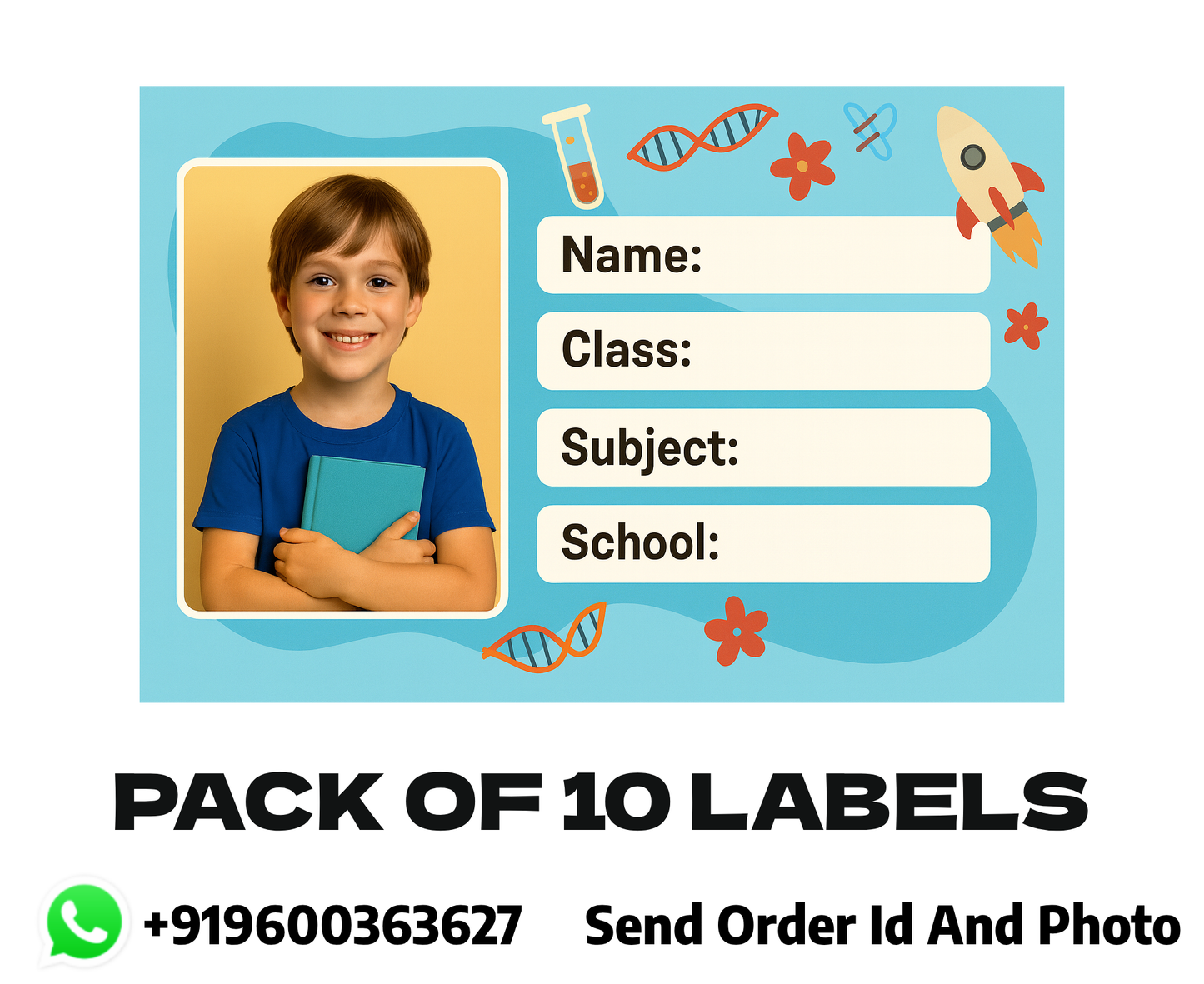 Smeeps Personalized School Book Label – Custom Photo Name Sticker for Kids | 3.5 x 2 Inch Notebook Labels | Pack of 10