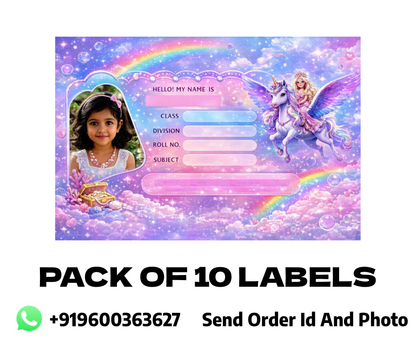 Smeeps Personalized Unicorn School Label Stickers – Pack of 10 | 3 x 2 Inch Custom Name Labels with Photo | Cute Fantasy Theme for Kids | Waterproof Premium Finish