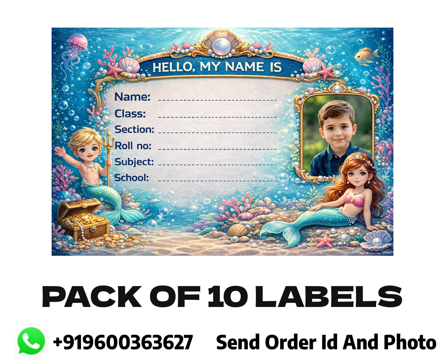 Smeeps Personalized Mermaid School Label Stickers – Pack of 10 | 3 x 2 Inch Custom Name Labels with Photo | Underwater Ocean Theme | Waterproof Premium Finish for Kids