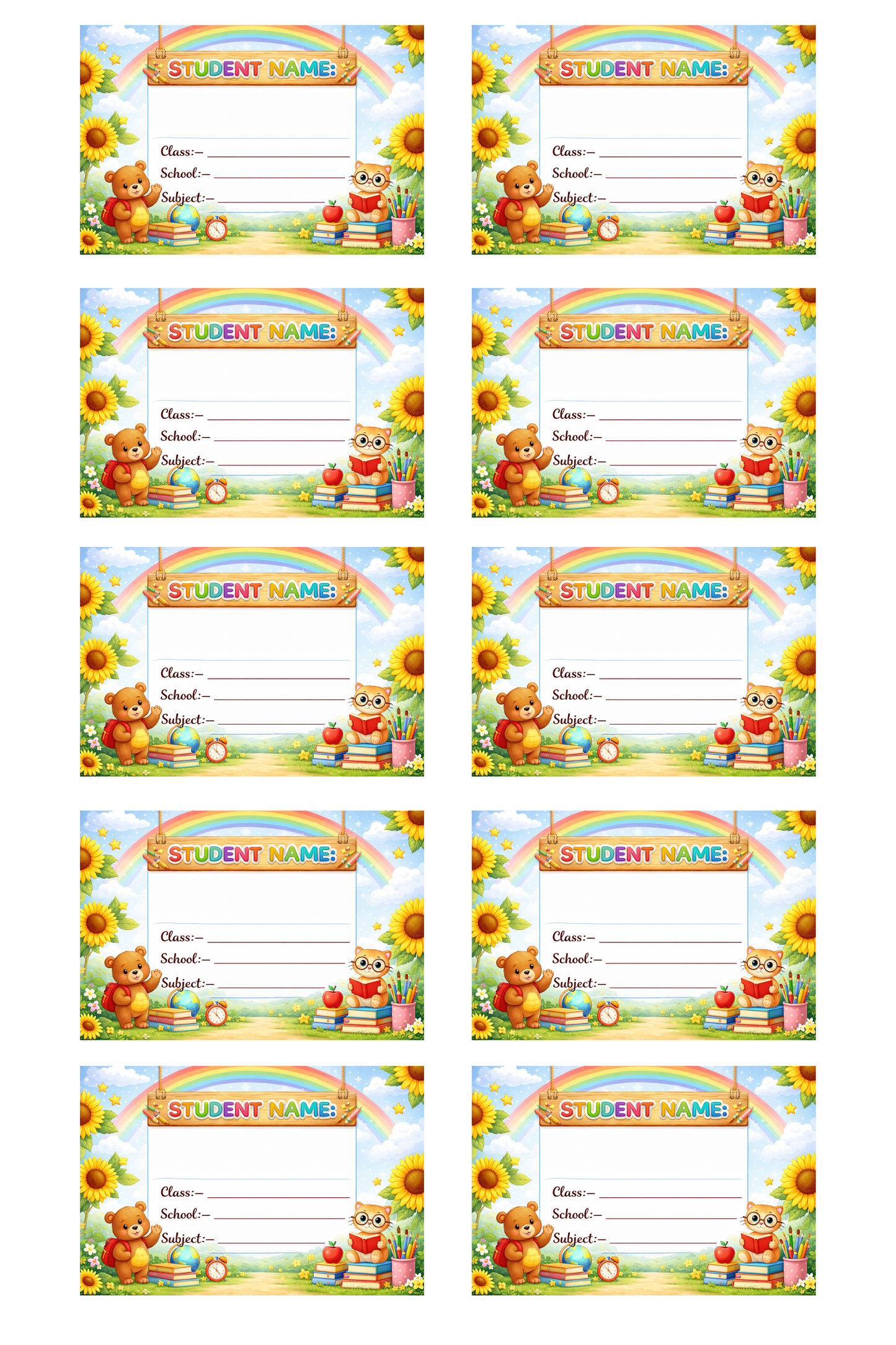 Smeeps Rainbow Teddy School Name Labels Sticker – 7.62 × 5.08 cm (3 × 2 Inch) Personalized Writable Notebook Labels for Kids | Cute Bear & Cat Theme Sticker Pack of 10