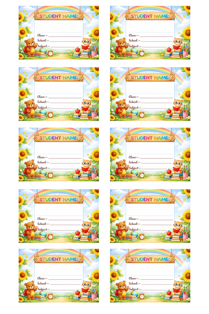 Smeeps Rainbow Teddy School Name Labels Sticker – 7.62 × 5.08 cm (3 × 2 Inch) Personalized Writable Notebook Labels for Kids | Cute Bear & Cat Theme Sticker Pack of 10