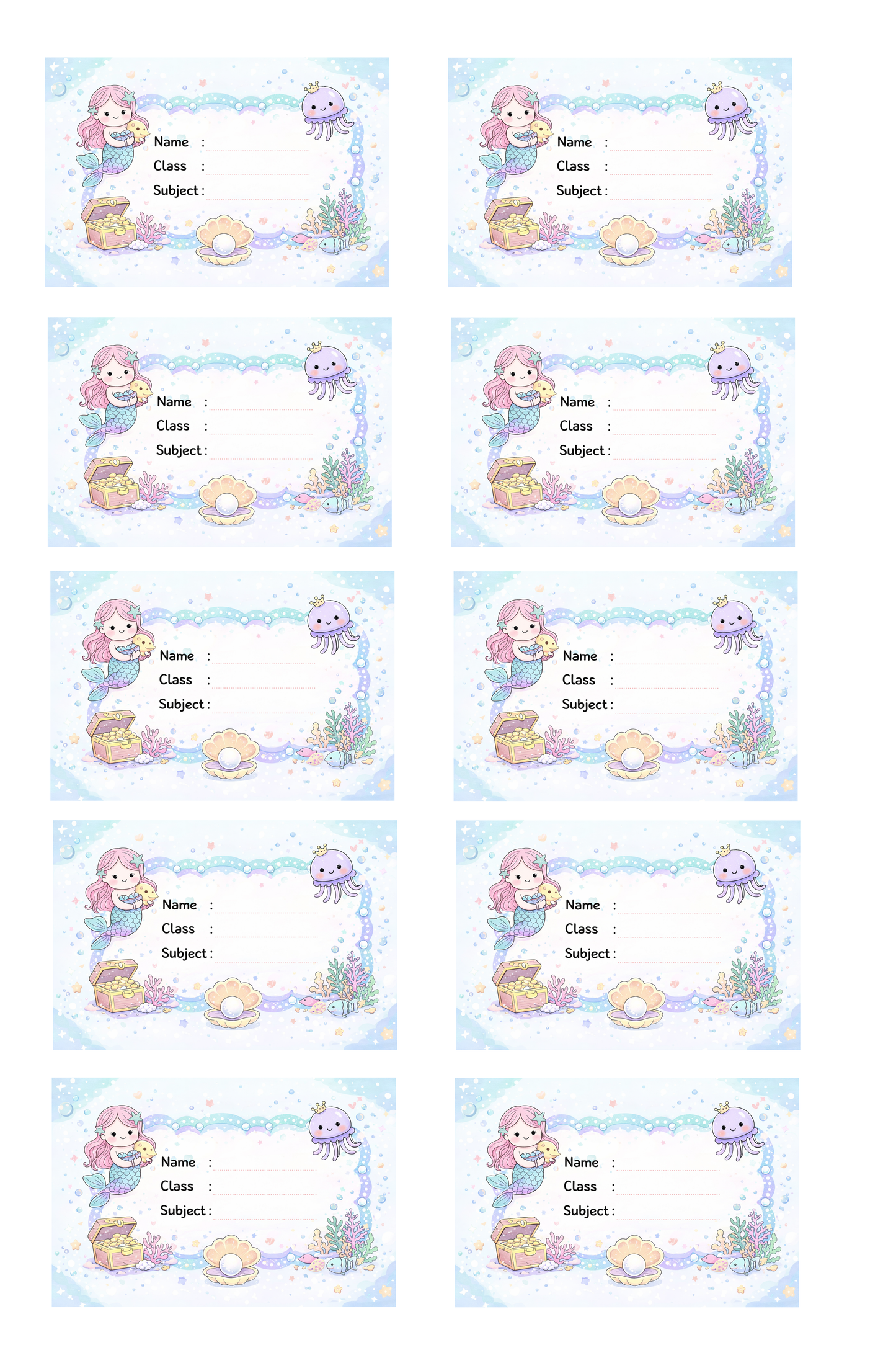 Smeeps Cute Mermaid School Name Labels Sticker – 7.62 × 5.08 cm (3 × 2 Inch) Personalized Writable Notebook Labels for Kids | Ocean Fantasy Theme Sticker Pack of 10