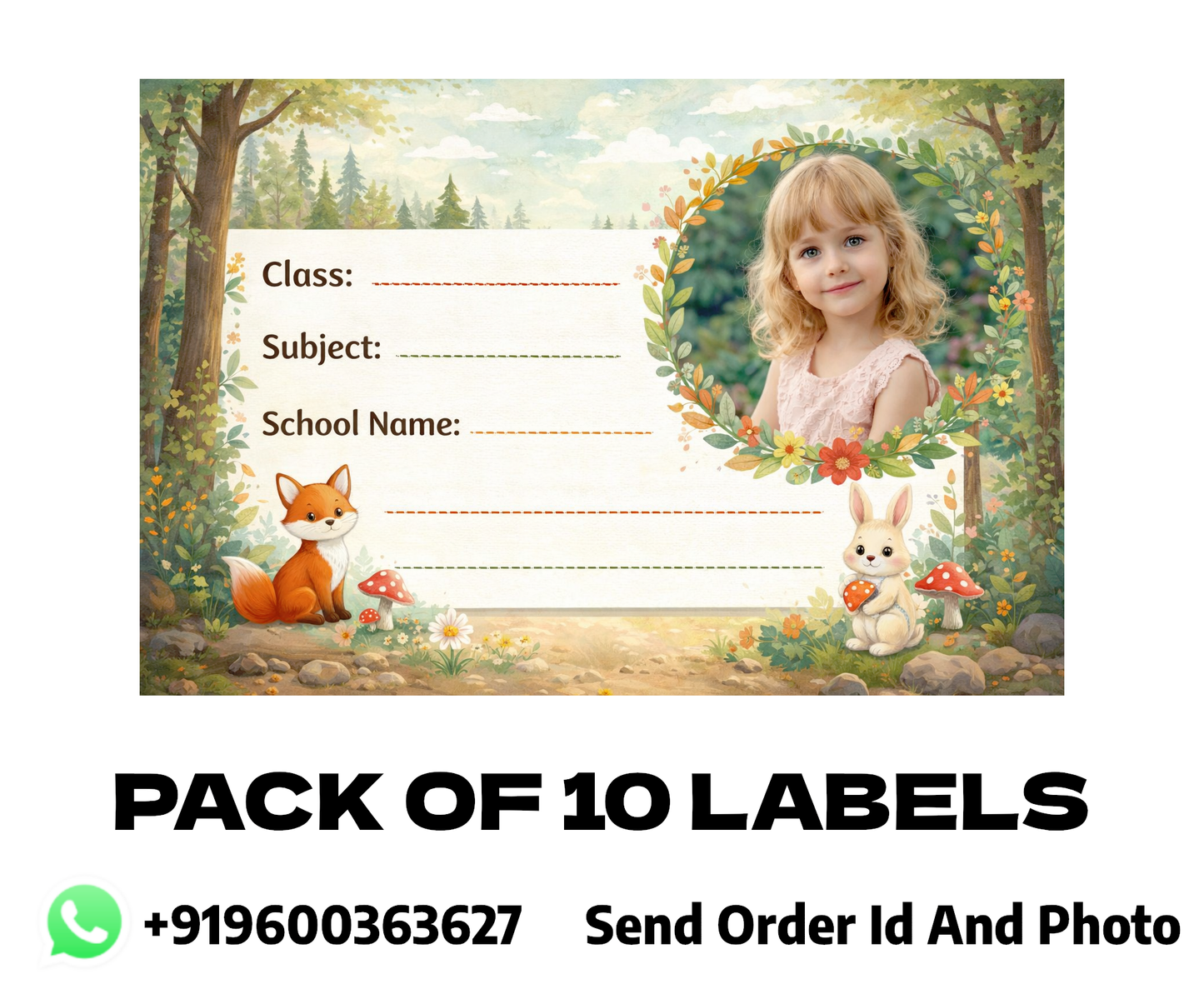 Smeeps Personalized Forest Animal School Label Stickers – Pack of 10 | 3 x 2 Inch Custom Name Labels with Photo | Cute Fox & Bunny Nature Theme | Waterproof Premium Finish