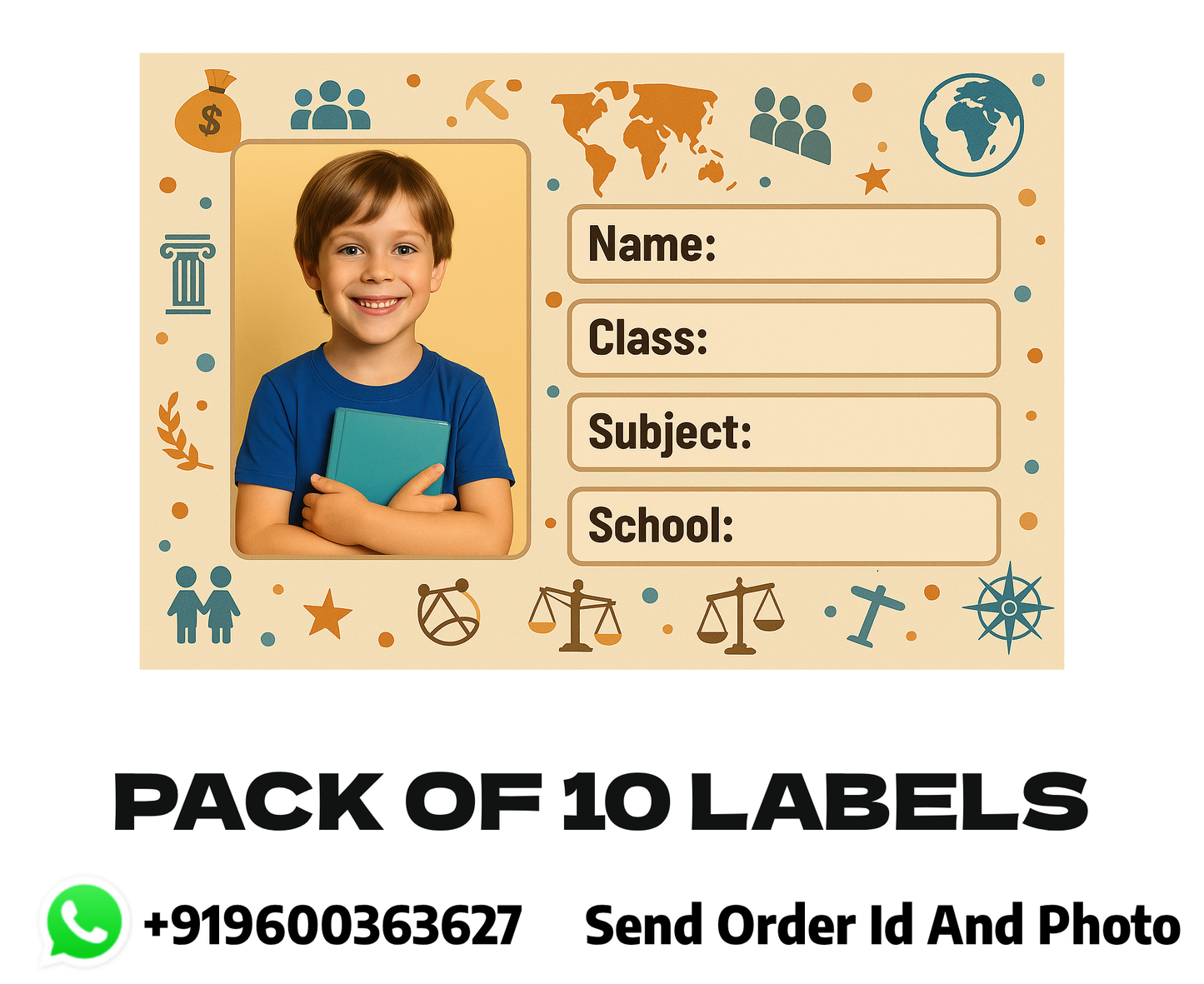 Smeeps Personalized School Book Label – Custom Photo Name Sticker for Kids | 3.5 x 2 Inch Notebook Labels | Pack of 10 | Social Studies Theme
