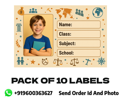 Smeeps Personalized School Book Label – Custom Photo Name Sticker for Kids | 3.5 x 2 Inch Notebook Labels | Pack of 10 | Social Studies Theme