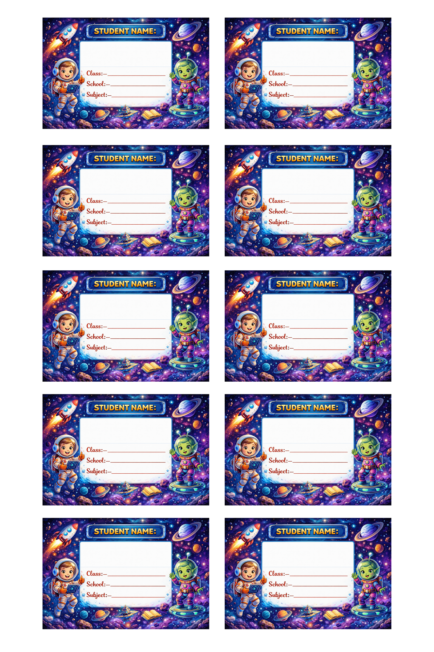 Smeeps Space Adventure School Name Labels Sticker – 7.62 × 5.08 cm (3 × 2 Inch) Personalized Writable Notebook Labels for Kids | Astronaut & Alien Theme Sticker Pack of 10