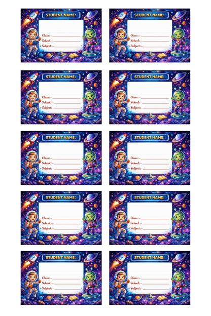 Smeeps Space Adventure School Name Labels Sticker – 7.62 × 5.08 cm (3 × 2 Inch) Personalized Writable Notebook Labels for Kids | Astronaut & Alien Theme Sticker Pack of 10