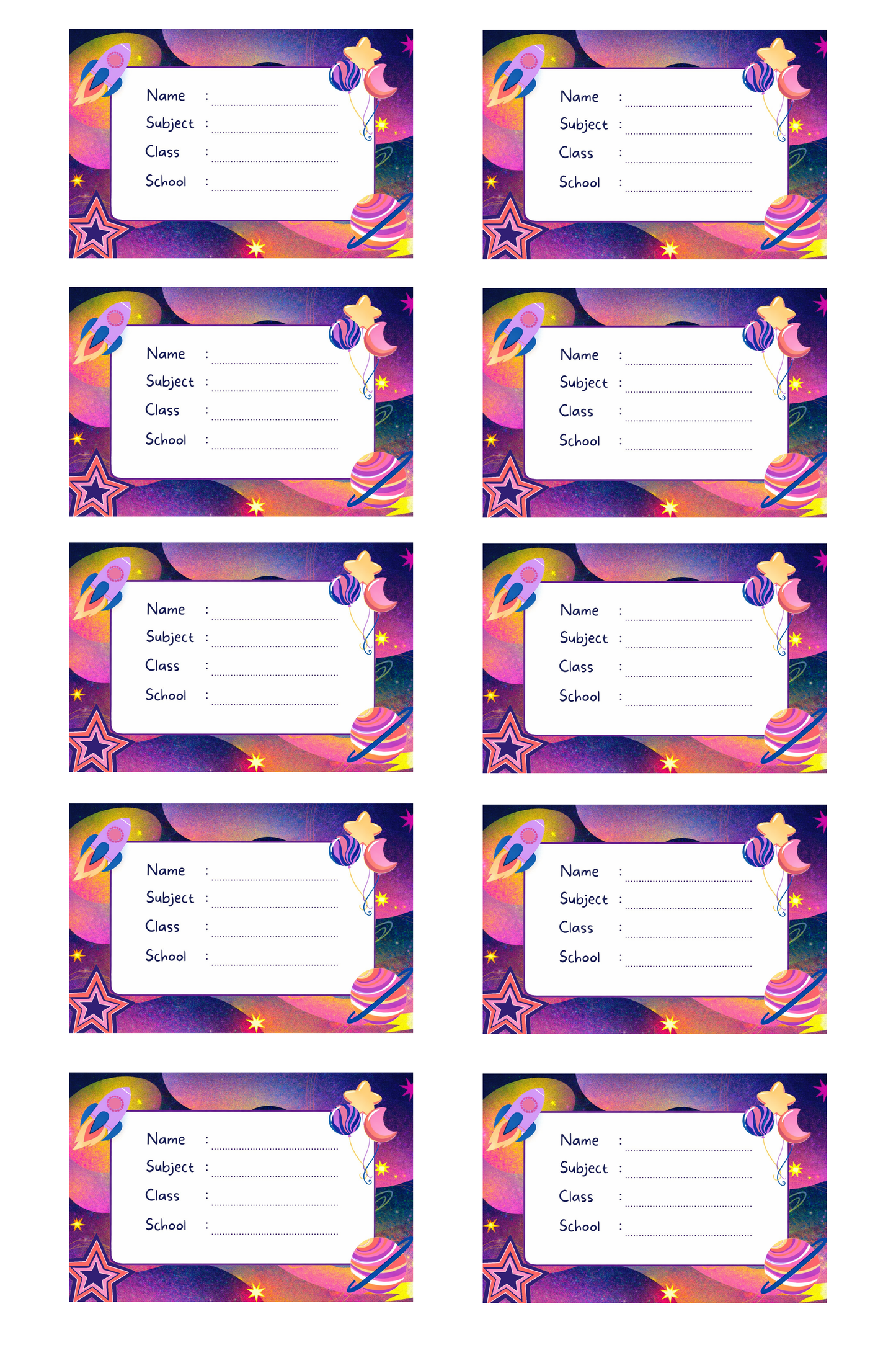 Smeeps Space Theme School Name Labels Sticker – 7.62 × 5.08 cm (3 × 2 Inch) Personalized Writable Notebook Labels for Kids | Galaxy Cartoon School Stickers Pack of 10