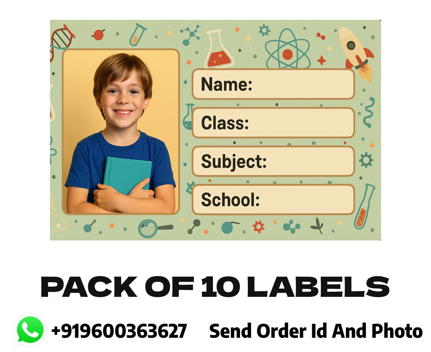 Smeeps Personalized School Label Stickers – Pack of 10 | 3.5 x 2 Inch Custom Name Labels with Photo | Notebooks & Stationery Identification Stickers | Waterproof & Premium Finish