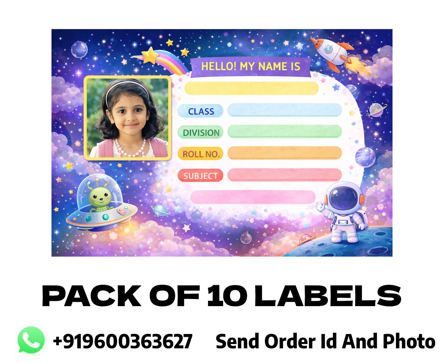 Smeeps Personalized Space Theme School Label Stickers – Pack of 10 | 3 x 2 Inch Custom Name Labels with Photo | Rocket, Astronaut & Galaxy Design | Waterproof Premium Finish
