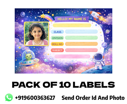 Smeeps Personalized Space Theme School Label Stickers – Pack of 10 | 3 x 2 Inch Custom Name Labels with Photo | Rocket, Astronaut & Galaxy Design | Waterproof Premium Finish
