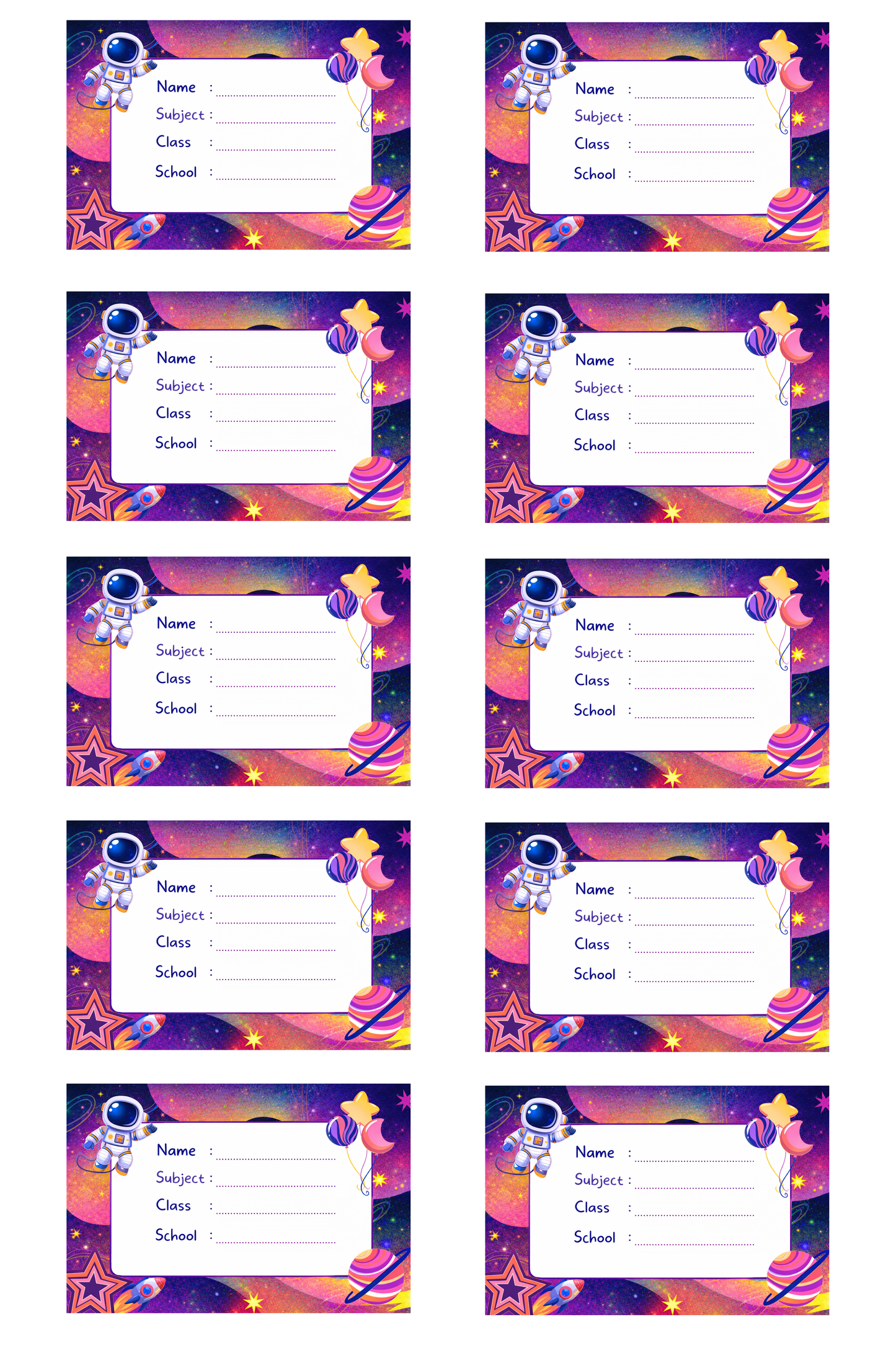 Smeeps Space Theme School Name Labels Sticker – 7.62 × 5.08 cm (3 × 2 Inch) Personalized Writable Notebook Labels for Kids | Astronaut Galaxy Theme Sticker Pack of 10