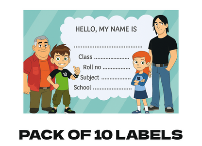 Smeeps Ben 10 Family Notebook Labels – 3.5 x 2 Inches School Name Stickers | Kids Cartoon Theme | Waterproof & Writeable Label Set | Pack of 10