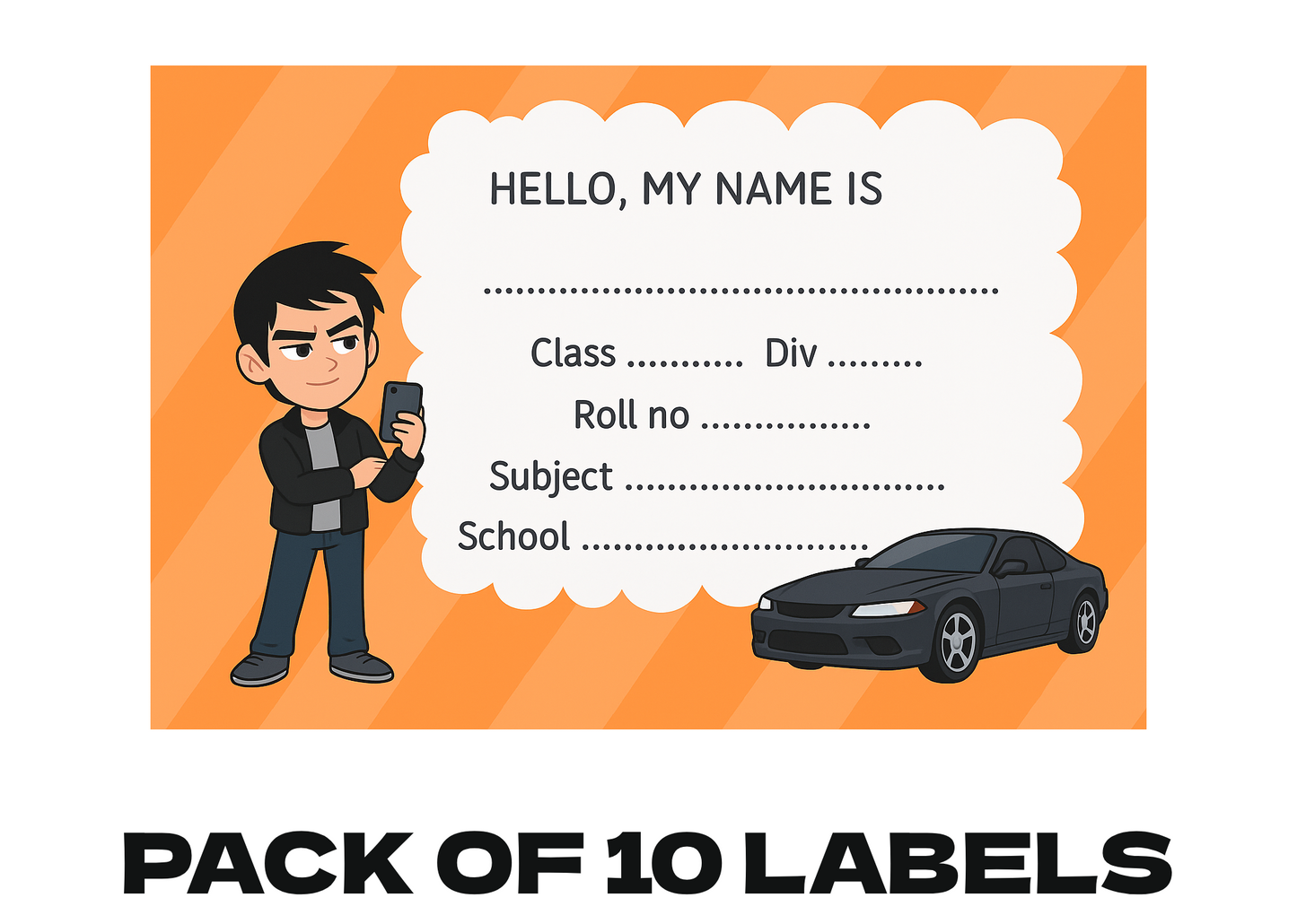 Smeeps Premium School Name Label Stickers – 3.5 x 2 Inches Personalized Tag for Books & Notebooks | Boy with Car Theme | Waterproof Writable Labels (Pack of 10)