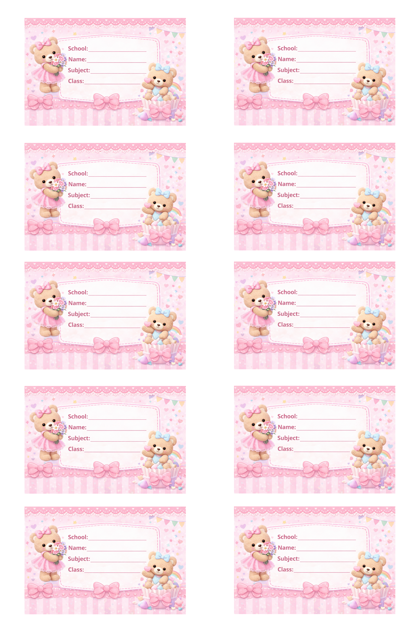 Smeeps Cute Teddy Bear School Name Labels Sticker – 7.62 × 5.08 cm (3 × 2 Inch) Personalized Writable Notebook Labels for Kids | Pink Teddy Theme Sticker Pack of 10