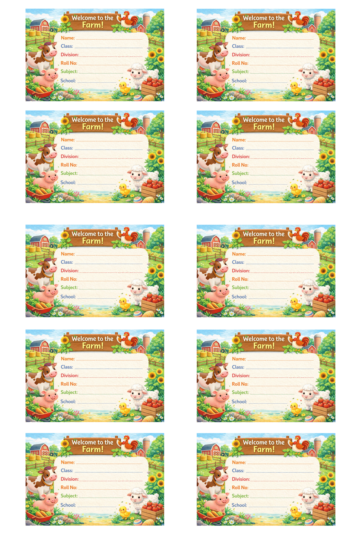 Smeeps Welcome to the Farm School Name Labels Sticker – 7.62 × 5.08 cm (3 × 2 Inch) Personalized Writable Notebook Labels for Kids | Cute Farm Animals Theme Sticker Pack of 10