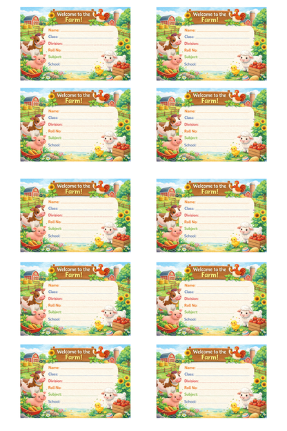 Smeeps Welcome to the Farm School Name Labels Sticker – 7.62 × 5.08 cm (3 × 2 Inch) Personalized Writable Notebook Labels for Kids | Cute Farm Animals Theme Sticker Pack of 10