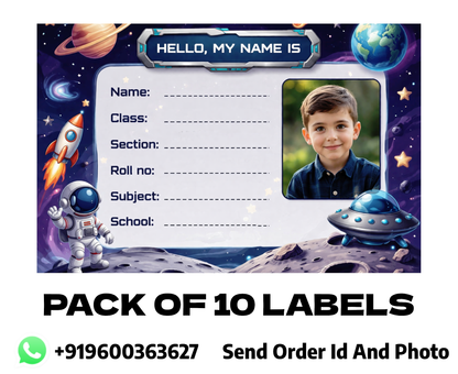 Smeeps Personalized Space Galaxy School Label Stickers – Pack of 10 | 3 x 2 Inch Custom Name Labels with Photo | Astronaut, Rocket & Planet Theme | Waterproof Premium Finish