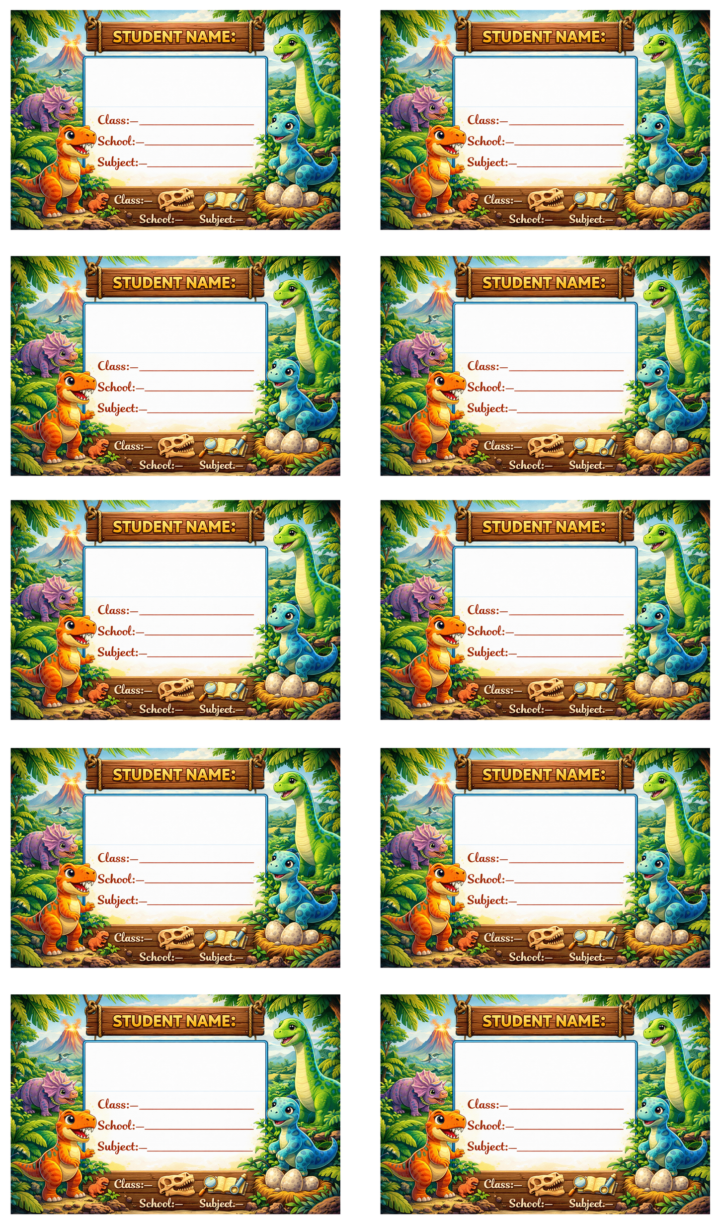 Smeeps Dinosaur Jungle School Name Labels Sticker – 7.62 × 5.08 cm (3 × 2 Inch) Personalized Writable Notebook Labels for Kids | Cute Dino Adventure Theme Sticker Pack of 10