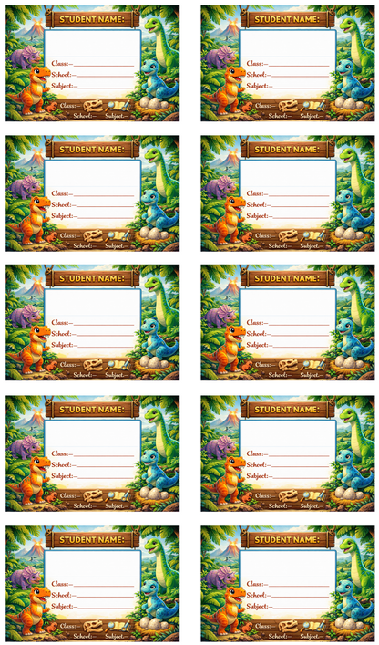 Smeeps Dinosaur Jungle School Name Labels Sticker – 7.62 × 5.08 cm (3 × 2 Inch) Personalized Writable Notebook Labels for Kids | Cute Dino Adventure Theme Sticker Pack of 10