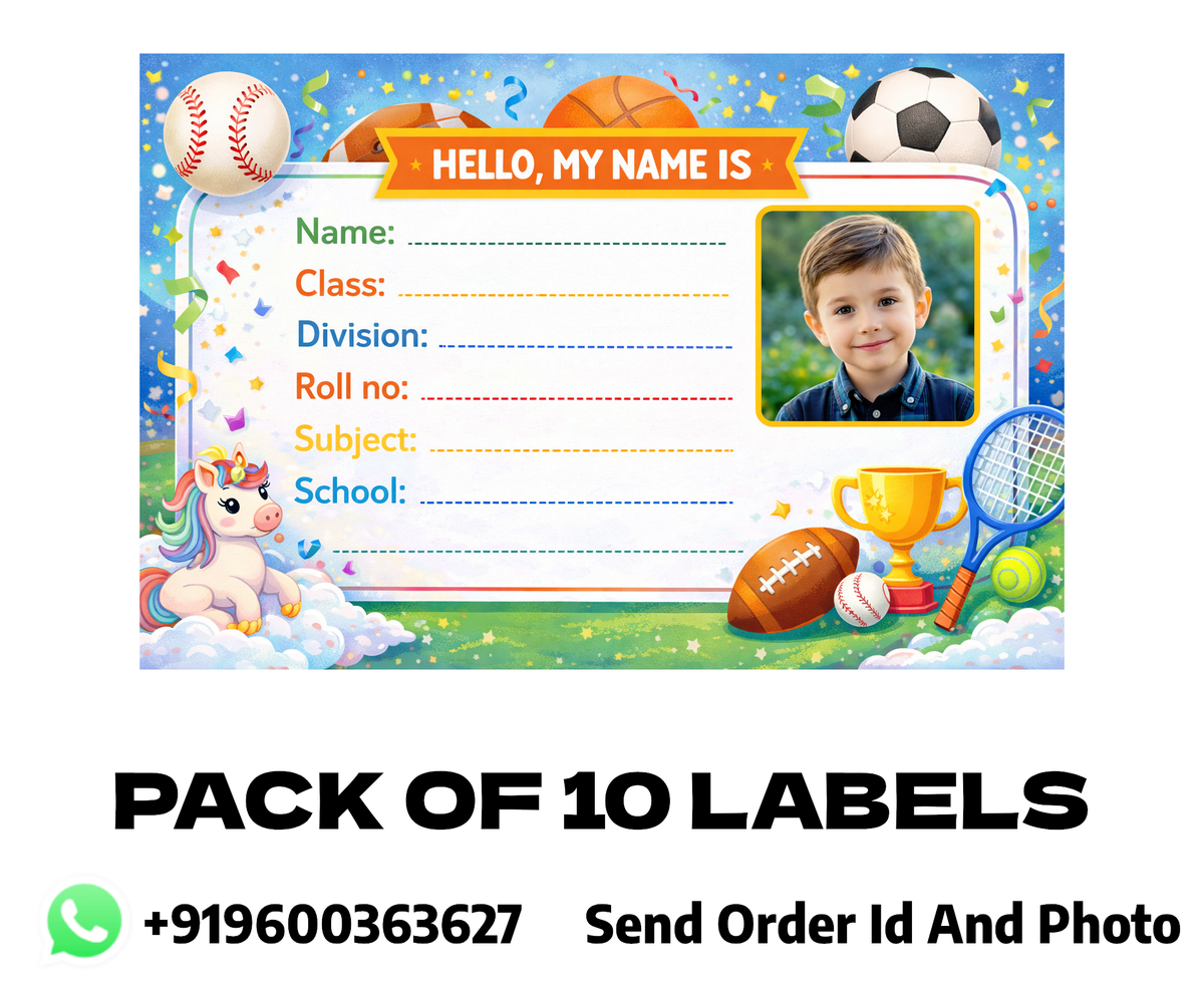 Smeeps Personalized Sports Theme School Label Stickers – Pack of 10 | 3 x 2 Inch Custom Name Labels with Photo | Football, Cricket, Basketball Design | Waterproof Premium Finish