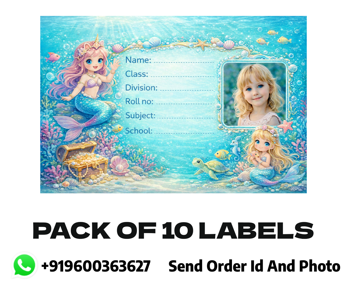 Smeeps Personalized Mermaid School Label Stickers – Pack of 10 | 3 x 2 Inch Custom Name Labels with Photo | Blue Underwater Ocean Theme | Waterproof Premium Stickers for Kids