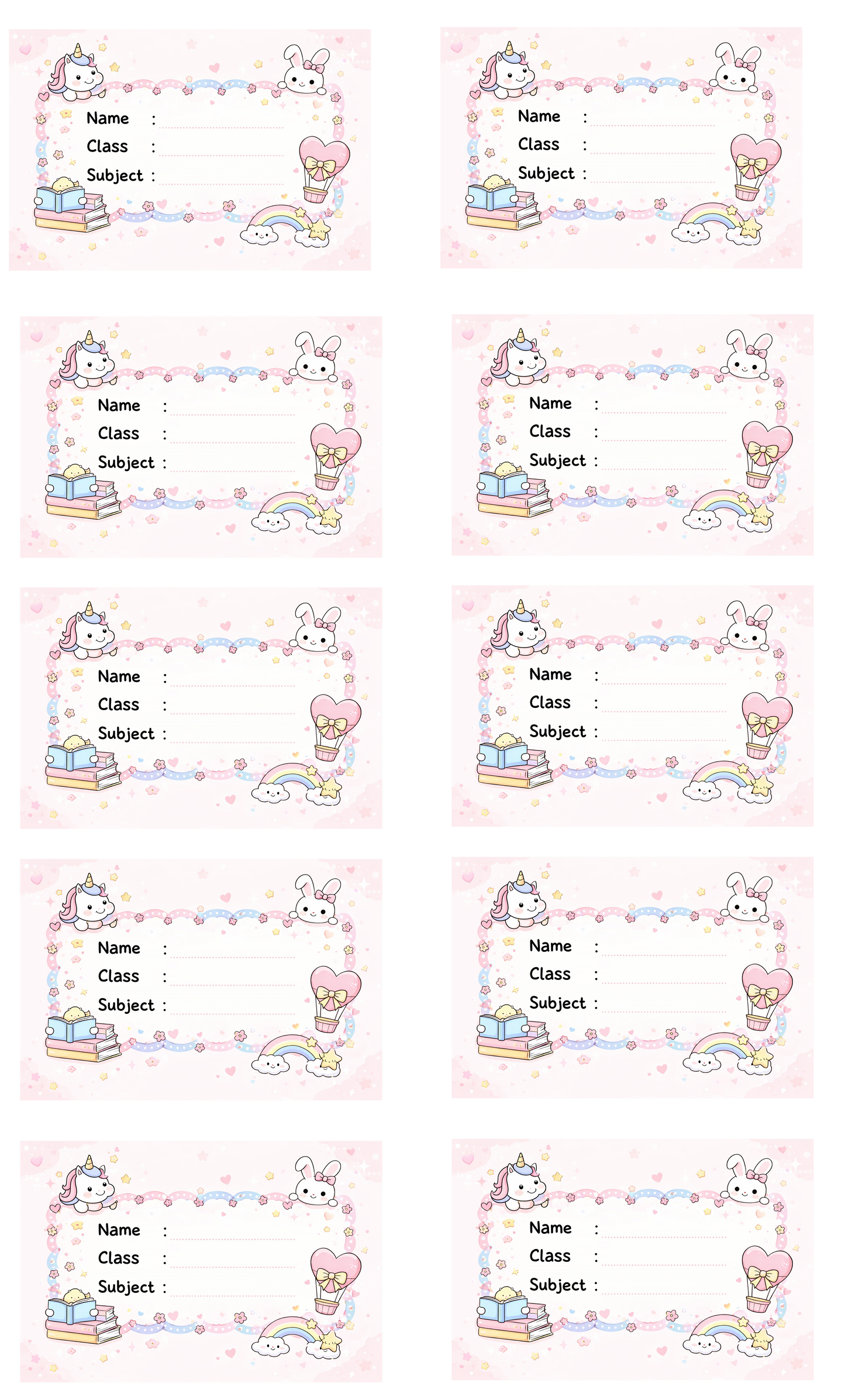 Smeeps Cute Unicorn & Bunny School Name Labels Sticker – 7.62 × 5.08 cm (3 × 2 Inch) Personalized Writable Notebook Labels for Kids | Pastel Kawaii Theme Sticker Pack of 10