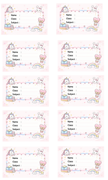 Smeeps Cute Unicorn & Bunny School Name Labels Sticker – 7.62 × 5.08 cm (3 × 2 Inch) Personalized Writable Notebook Labels for Kids | Pastel Kawaii Theme Sticker Pack of 10