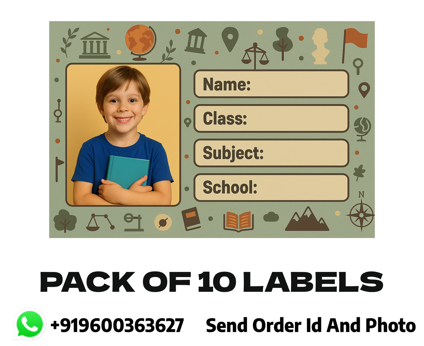 Smeeps Personalized School Book Label – Custom Photo Name Sticker for Kids | History & Social Science Theme | 3.5 x 2 Inch Notebook Labels | Pack of 10