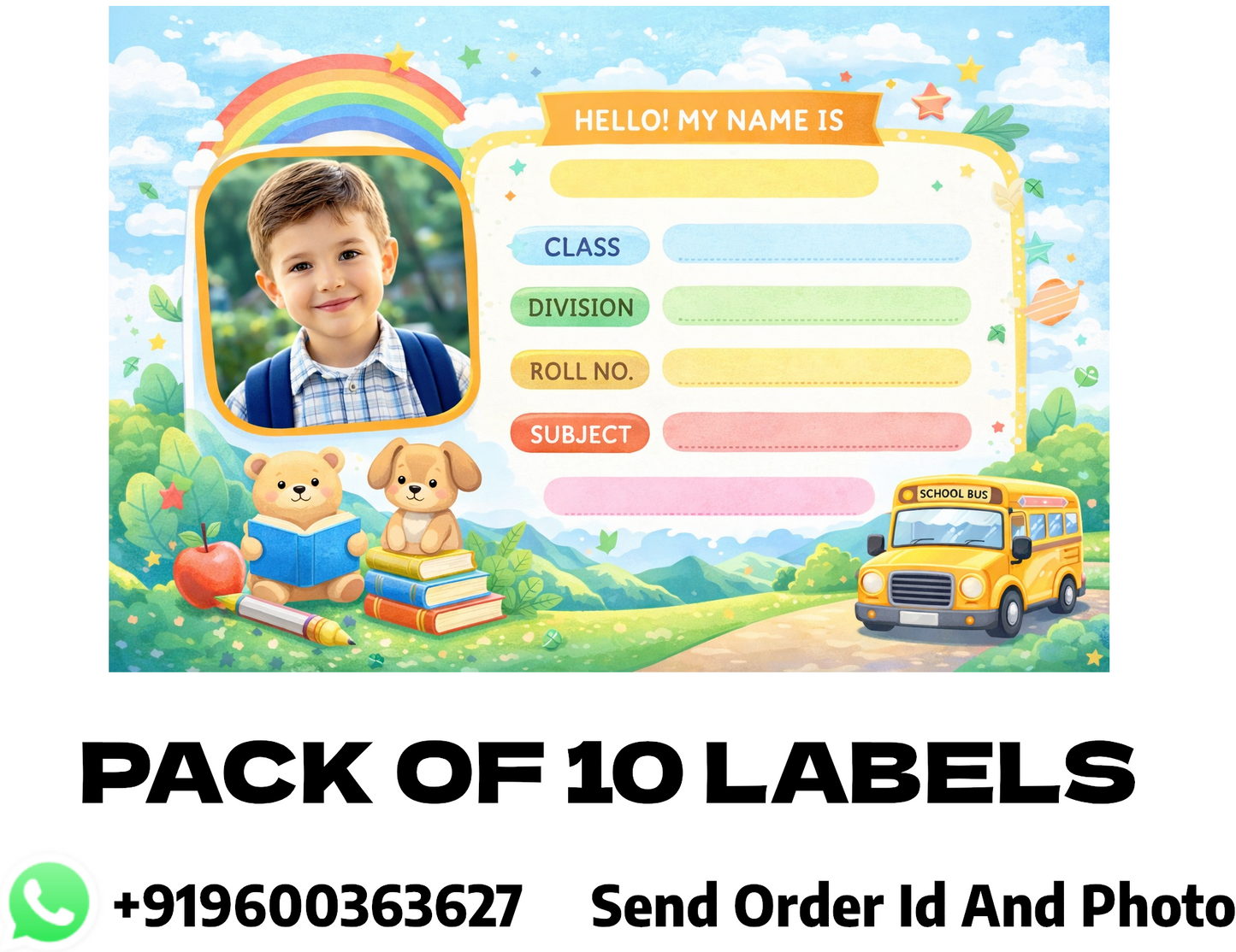 Smeeps Personalized School Label Stickers – Pack of 10 | 3 x 2 Inch Custom Name Labels with Photo | Cute School Theme with Rainbow & Bus | Waterproof Premium Finish