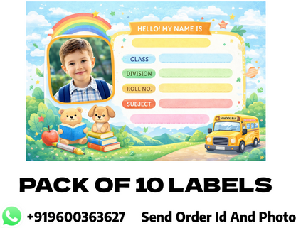 Smeeps Personalized School Label Stickers – Pack of 10 | 3 x 2 Inch Custom Name Labels with Photo | Cute School Theme with Rainbow & Bus | Waterproof Premium Finish