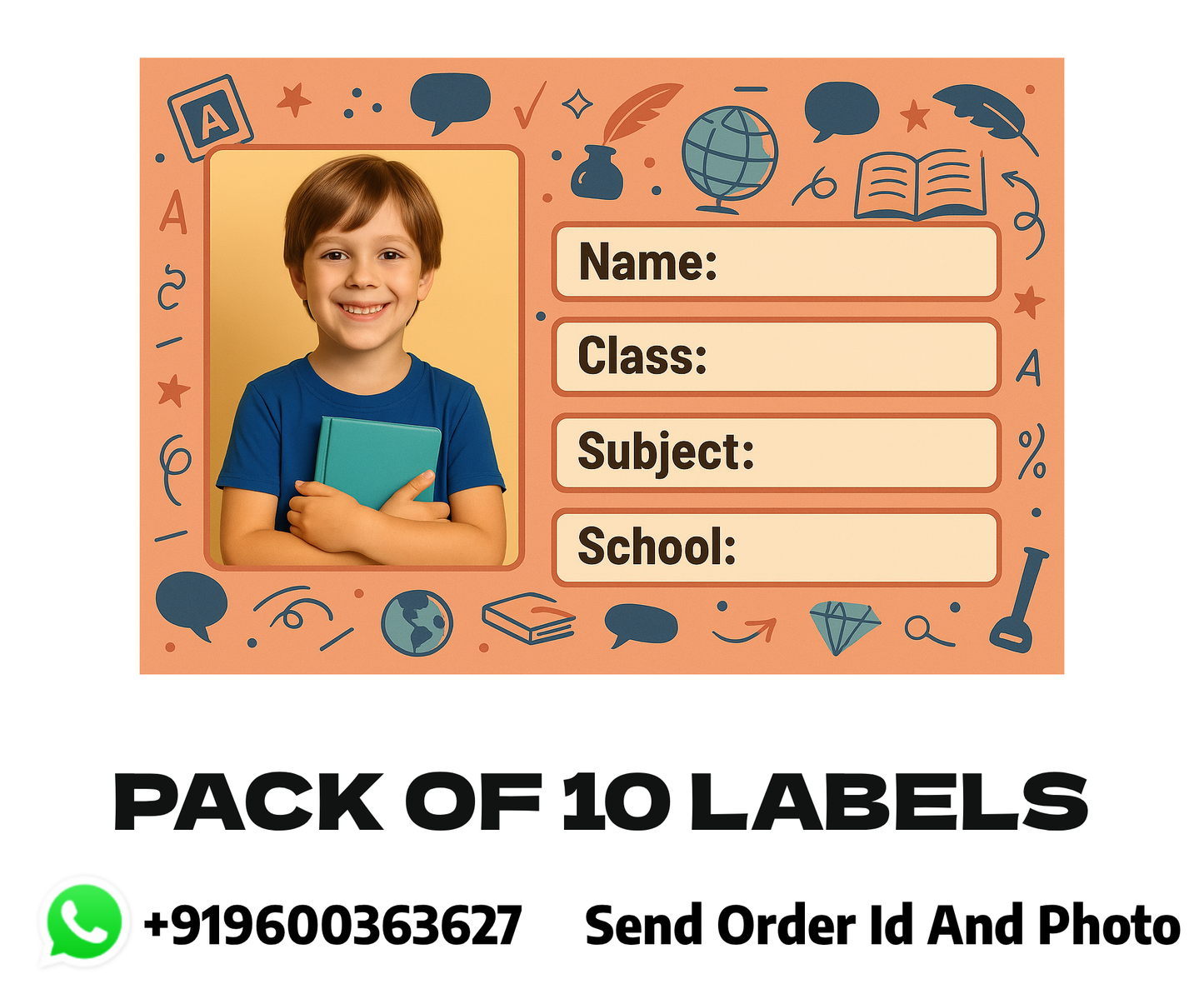 Smeeps Personalized School Book Label – Custom Photo Name Sticker for Kids | 3.5 x 2 Inch Orange Theme Notebook Labels | Pack of 10