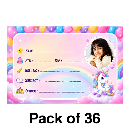Custom Photo Unicorn School Name Labels – 7.62 × 5.08 cm (3 × 2 Inch) Personalized Waterproof Kids Notebook Stickers with Photo for School Books, Water Bottles & Accessories | Rainbow Unicorn Theme Pack of 36