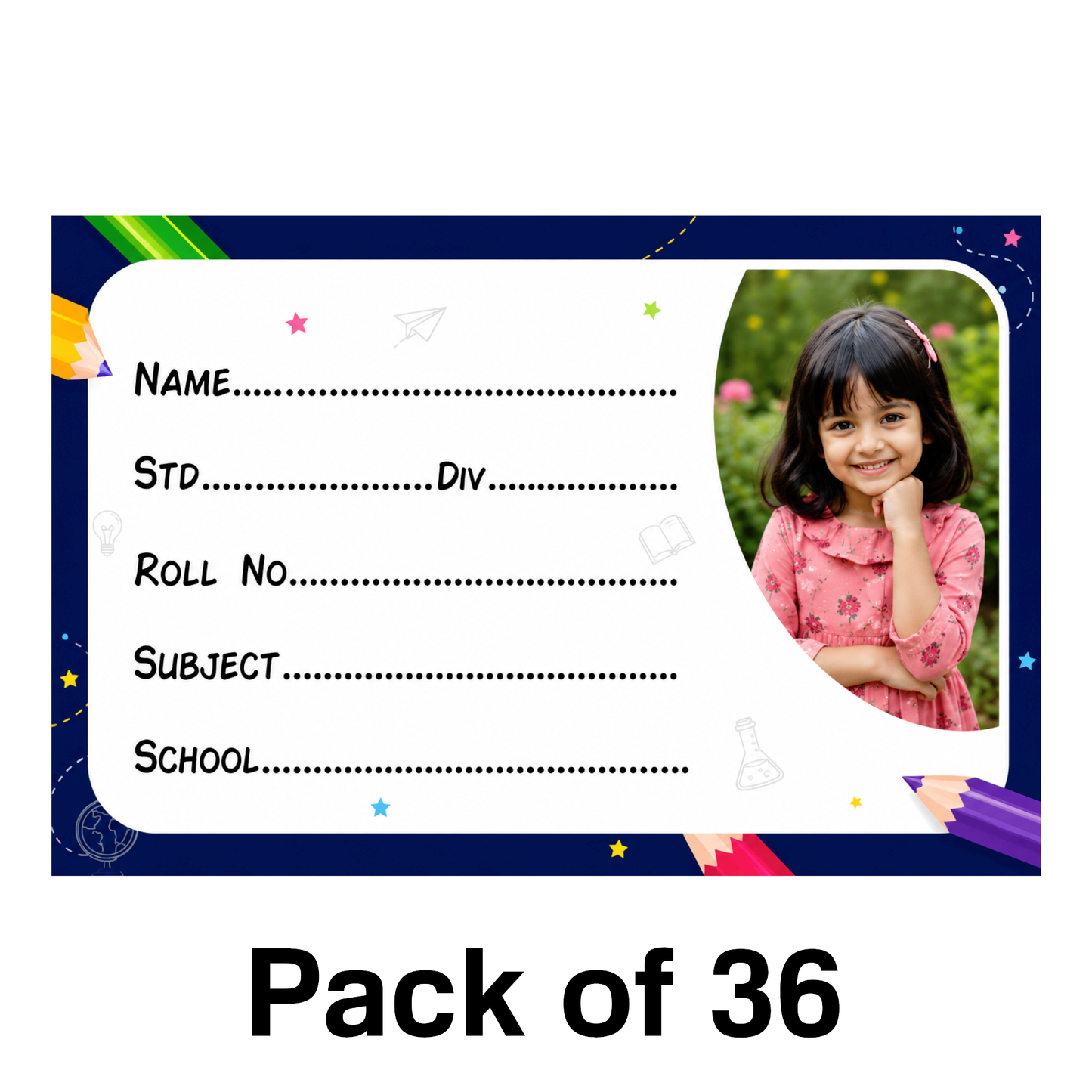 Custom Photo School Name Labels – 7.62 × 5.08 cm (3 × 2 Inch) Personalized Waterproof Kids Notebook Stickers for School Books, Water Bottles & Accessories | Creative Pencil Theme Pack of 36